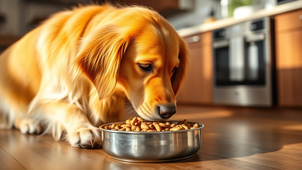 Golden retriever eating from a stainless steel bowl filled with kibble, warm natural lighting, cozy home kitchen setting