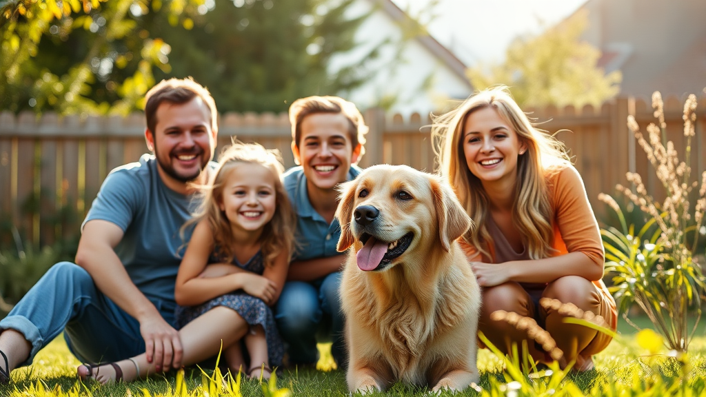 Happy family with golden retriever dog in sunny backyard, natural lighting, warm atmosphere, no text no words no letters