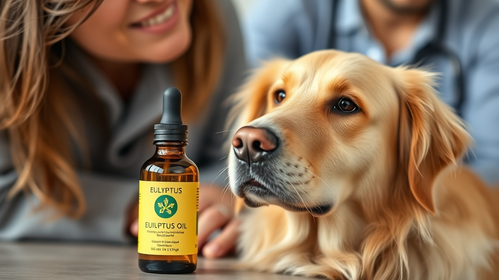 Eucalyptus oil bottle next to concerned dog owner with golden retriever, veterinary safety concept, no text no words no letters