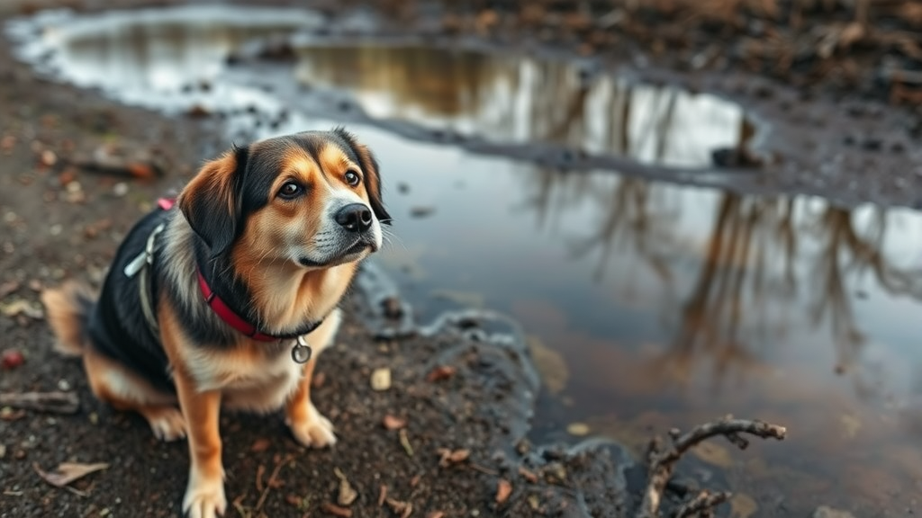 Dog showing signs of distress near eucalyptus oil spill, pet safety warning scene, no text no words no letters