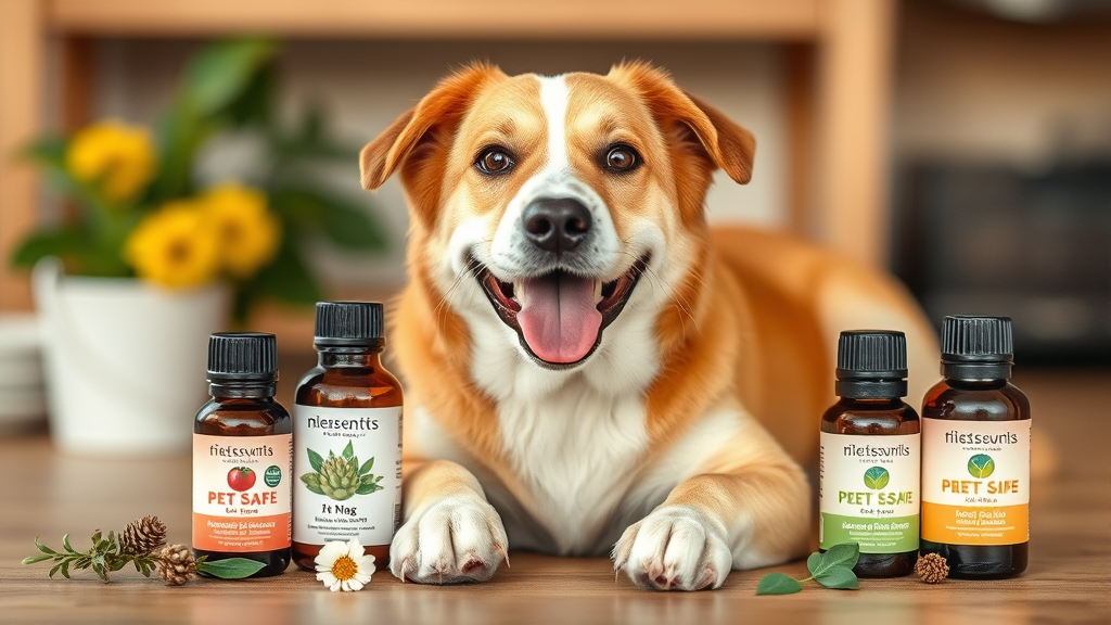 Pet-safe essential oil alternatives arranged with happy healthy dog, natural home remedies, no text no words no letters