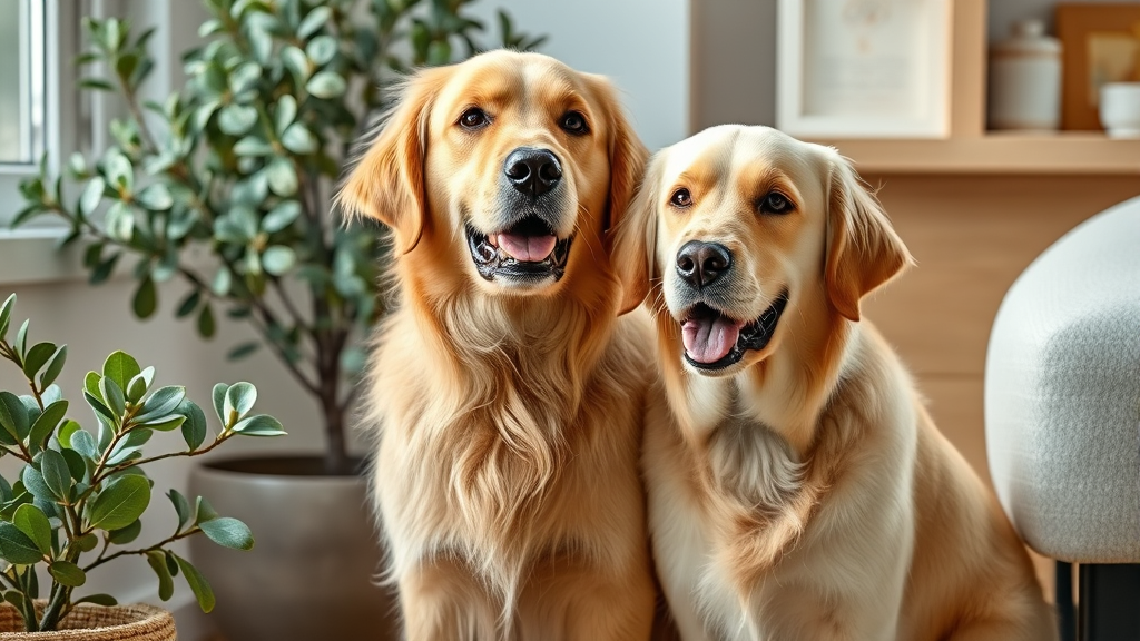 Golden retriever sitting next to eucalyptus plant in bright home setting no text no words no letters