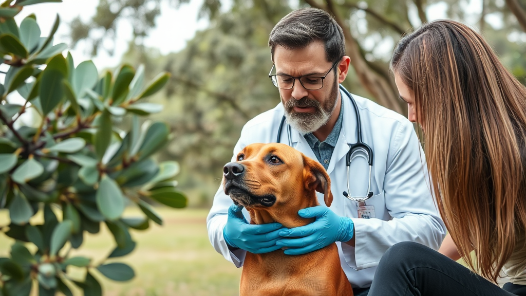 Veterinarian examining concerned dog owner with eucalyptus leaves nearby no text no words no letters