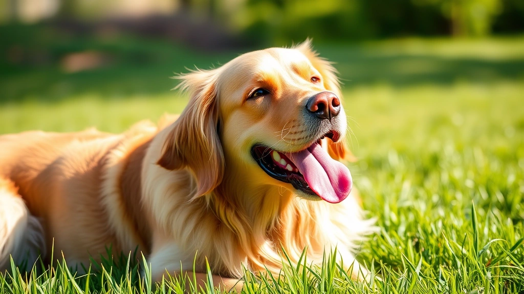 Golden Retriever with tongue out and drool, looking happy and relaxed on a sunny grass field with natural lighting