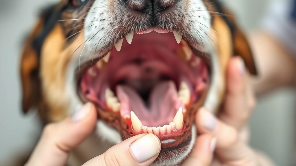 Close-up of dog's open mouth showing healthy pink gums and white teeth during veterinary dental examination with vet hands visible