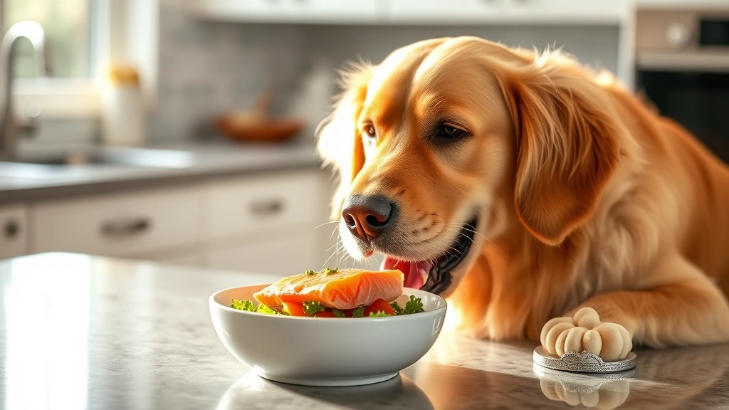 Golden Retriever happily eating fresh salmon fillet from a white ceramic bowl on a kitchen counter, warm natural lighting, focused expression on dog's face