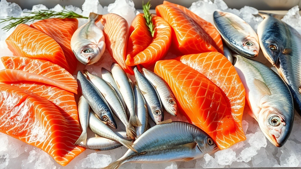 Variety of fresh whole fish including salmon, sardines, and mackerel displayed on ice, bright daylight, professional food photography style
