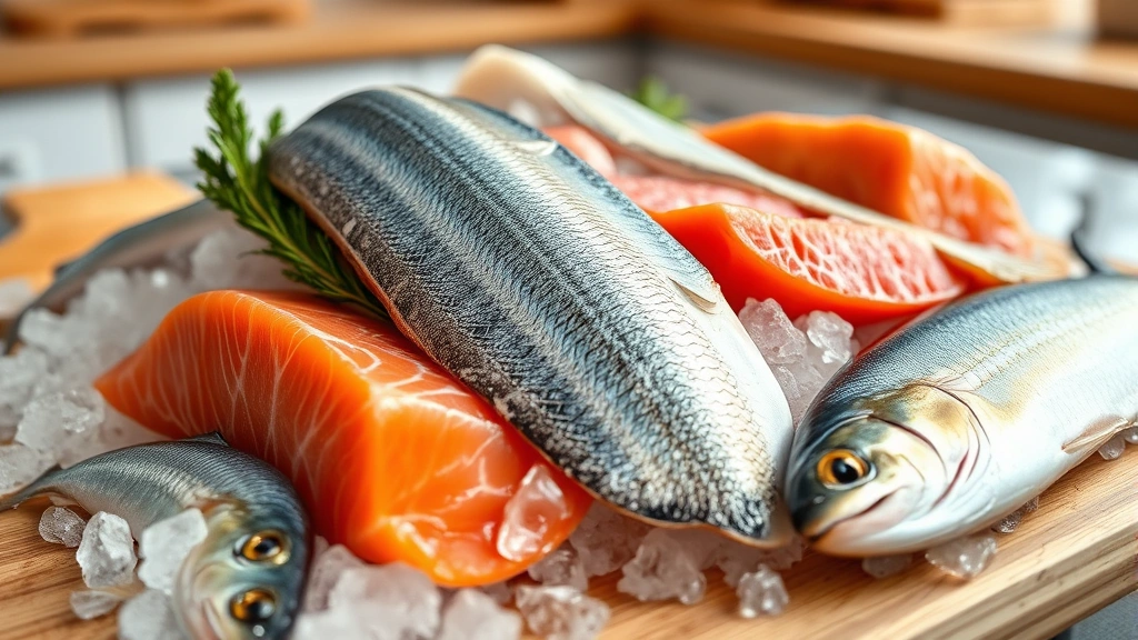Close-up of various fresh fish varieties including salmon, sardines, and cod arranged on ice on a wooden cutting board, bright kitchen background