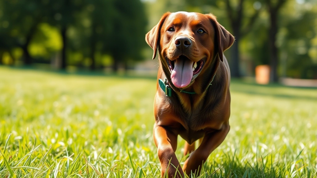 Happy Labrador with glossy healthy coat running through grass in sunlight, showing vibrant skin and fur quality, outdoor park setting with trees in background