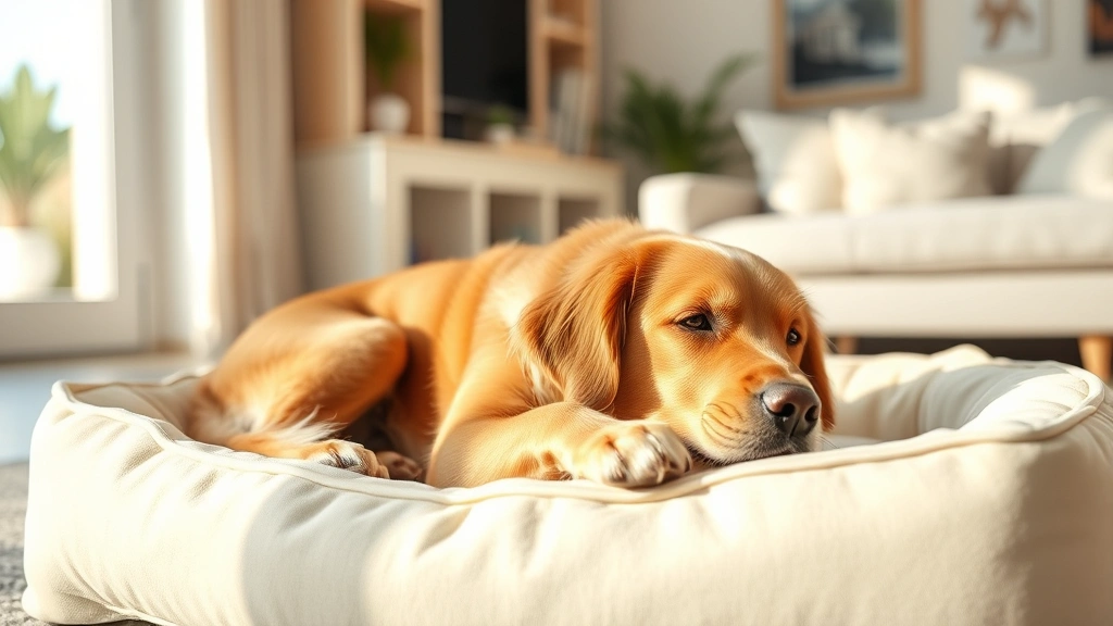 Golden retriever lying peacefully on a cream-colored dog bed in a bright, sunlit living room with soft natural lighting and home decor visible in background
