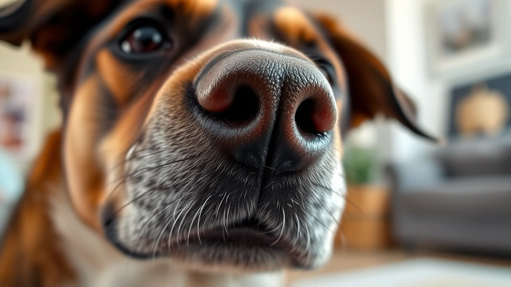 Close-up of a dog's sensitive nose and face showing detailed fur texture, with soft focus background suggesting indoor home environment