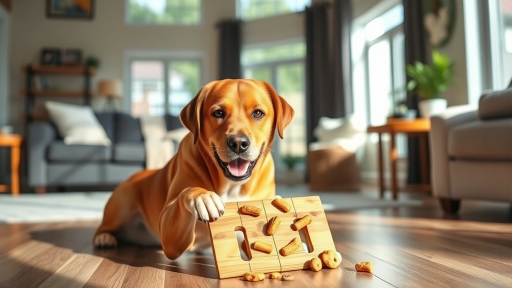 Happy labrador playing with a puzzle toy filled with treats in a spacious living room, natural daylight streaming through windows, joyful expression