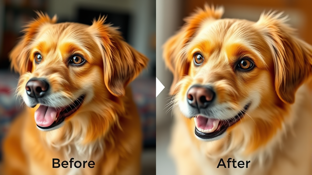 Before and after comparison showing vibrant healthy dog coat and bright eyes after fresh food diet transformation, no text no words no letters
