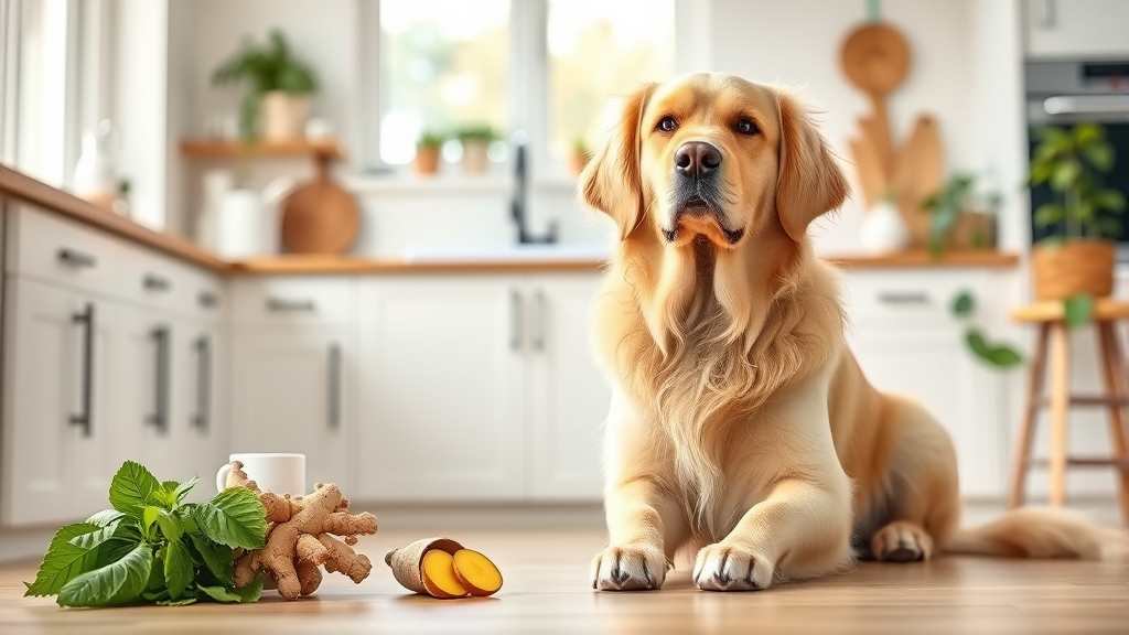 Fresh ginger root and healthy golden retriever sitting peacefully in bright kitchen setting, no text, no words, no letters