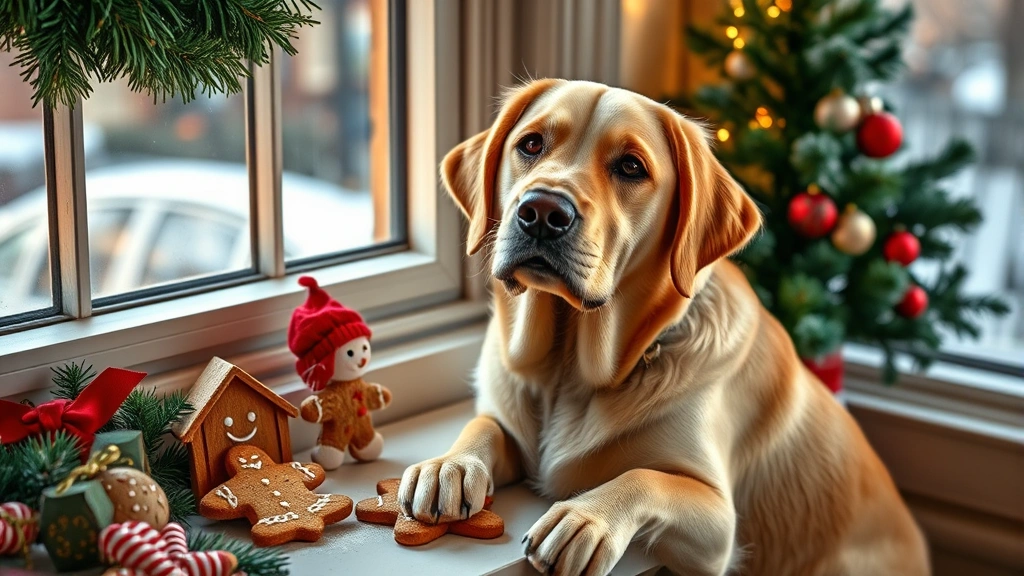 Golden Labrador Retriever sitting near a windowsill with gingerbread cookies and holiday decorations, curious but hesitant expression, warm natural lighting