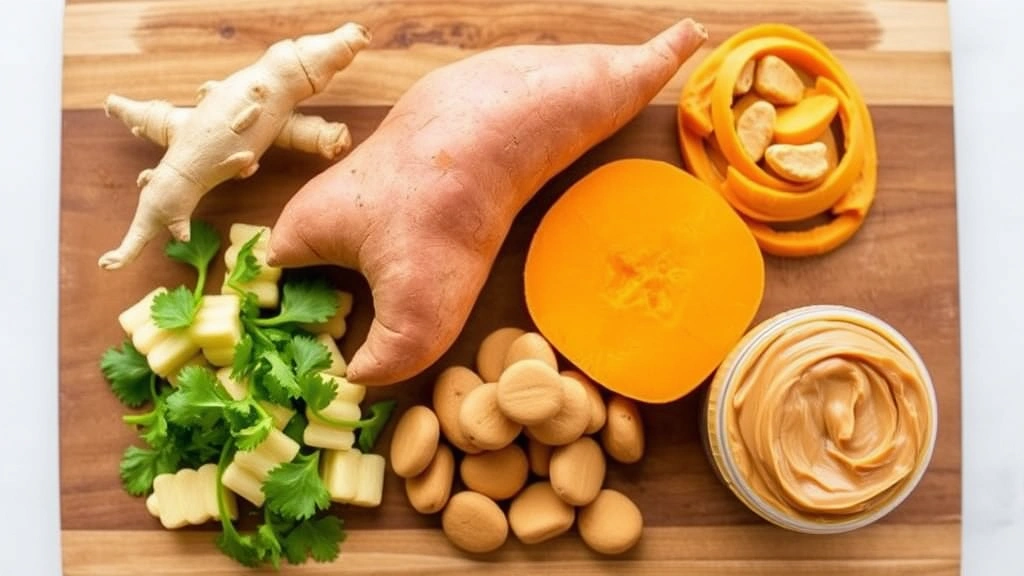 Close-up of various dog-safe treat ingredients including fresh ginger root, sweet potato, pumpkin, and peanut butter arranged on a wooden cutting board
