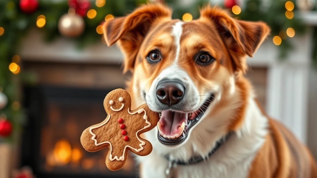 Happy mixed-breed dog enjoying a homemade dog-safe treat shaped like a gingerbread man, festive holiday setting with garland and lights in background