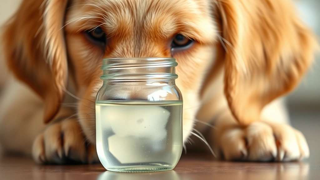 Golden retriever puppy examining a clear glass jar filled with clear glycerin liquid, curious expression, soft natural lighting, closeup of dog's face and jar