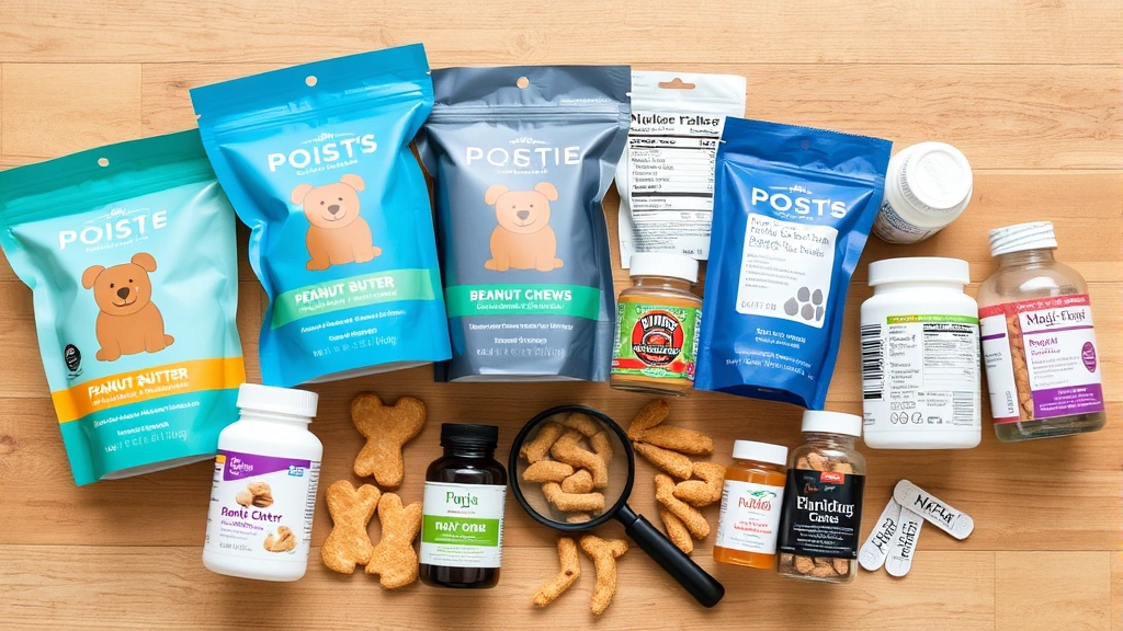 Flatlay of various dog treat packages and bottles showing ingredient labels, featuring peanut butter, dental chews, and medications, organized on wooden surface with magnifying glass