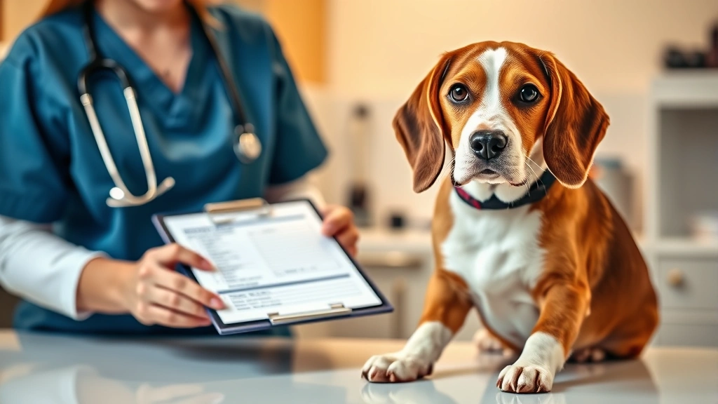Brown and white beagle sitting at veterinary clinic table with female veterinarian pointing to a clipboard with ingredient list, professional medical setting with warm lighting