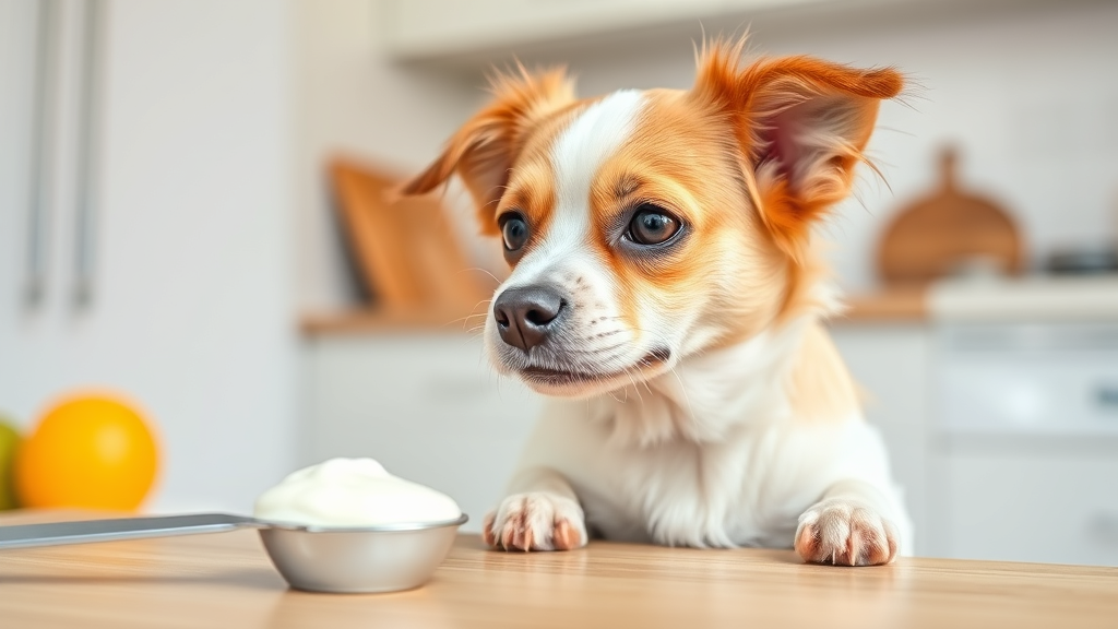 Small dog looking at measuring spoon with yogurt portion, portion control concept for pets, bright kitchen, no text no words no letters