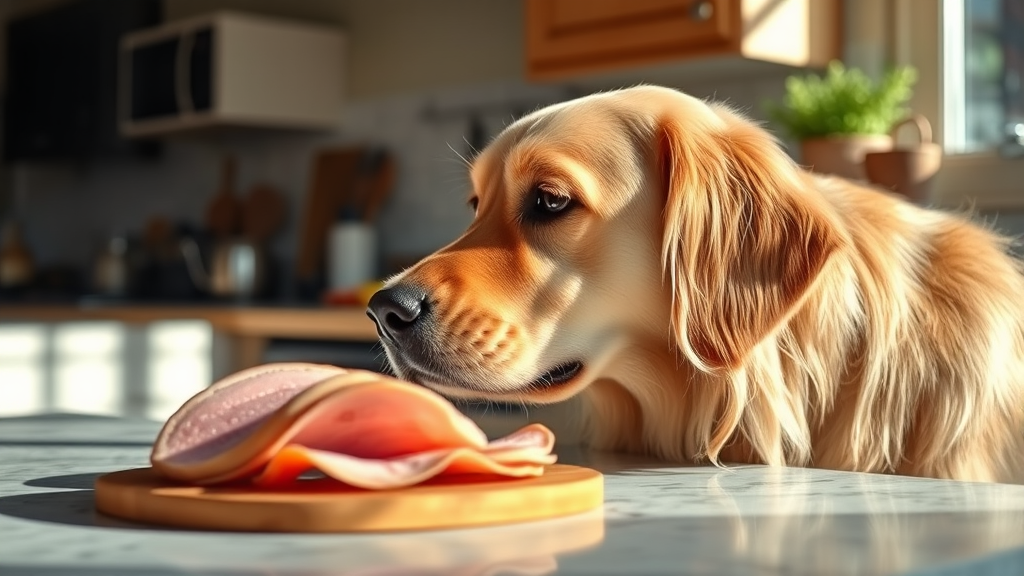 Golden retriever looking longingly at sliced ham on kitchen counter, bright natural lighting, no text no words no letters