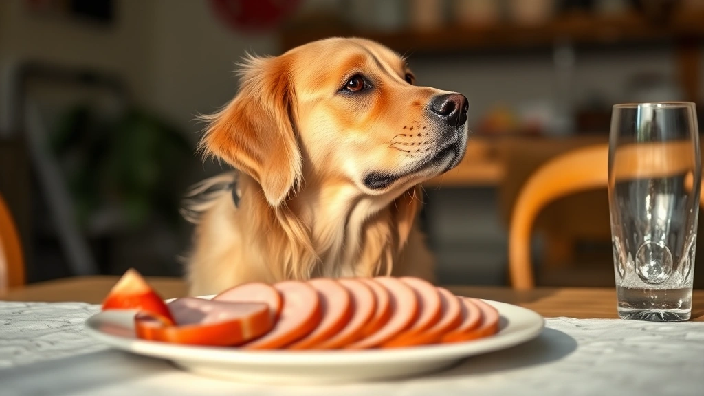 Golden retriever looking away from a plate of sliced ham on a dining table, professional pet photography, natural lighting, shallow depth of field
