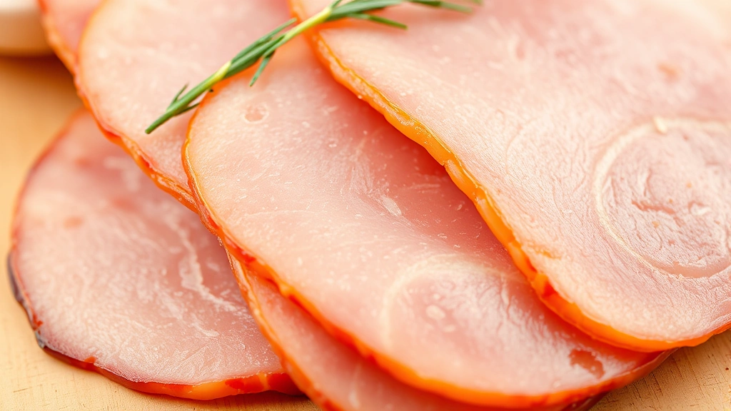 Closeup of raw ham slices showing texture and color, detailed food photography, bright natural lighting, isolated on neutral background