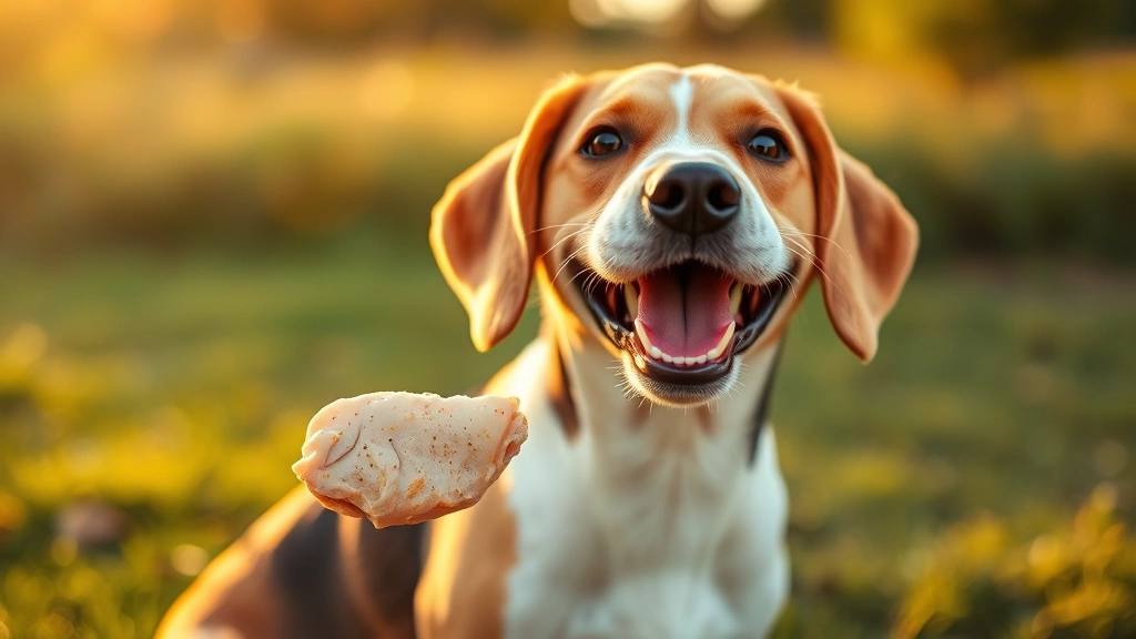 Happy beagle enjoying a plain cooked chicken breast treat, outdoor setting, golden hour lighting, joyful canine expression, professional pet photography