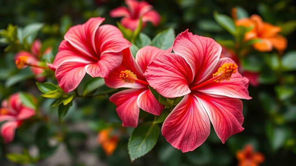 Close-up of vibrant hibiscus flowers in pink, red, and orange colors with green leaves, shallow depth of field, tropical garden setting, professional photography style