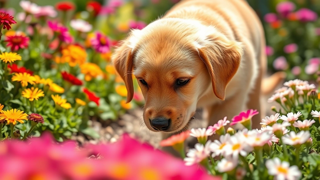 Golden retriever puppy sniffing around flowering garden beds with colorful blooms, bright sunny day, shallow focus on dog's face, natural outdoor lighting