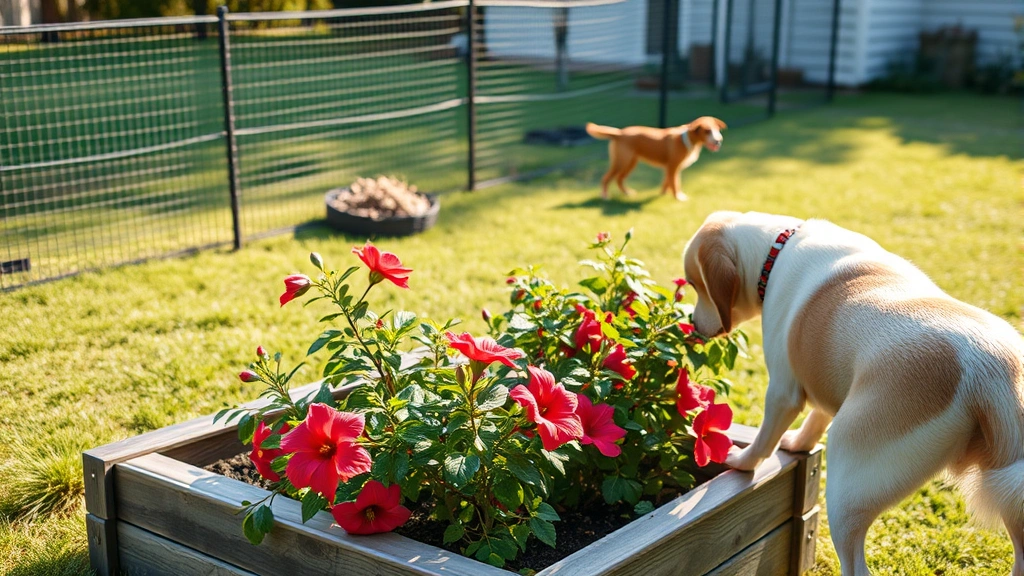 Dog owner tending to raised garden bed with hibiscus plants, protective fencing visible around garden area, dog playing safely in distance on lawn, warm afternoon light