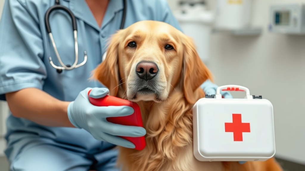 Golden retriever with concerned owner holding first aid kit veterinary care setting no text no words no letters