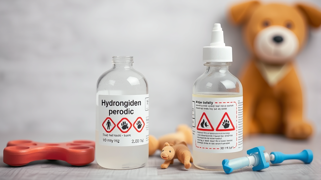 Hydrogen peroxide bottle next to dog toys with warning symbols veterinary safety concept no text no words no letters