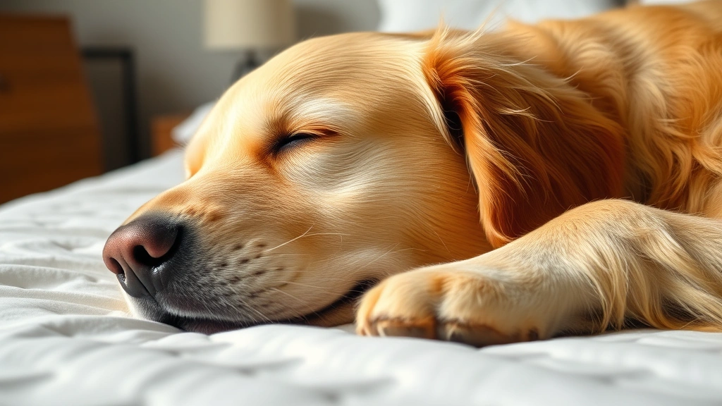 Golden Retriever sleeping peacefully on its side with mouth slightly open, peaceful expression, soft lighting in bedroom, relaxed posture