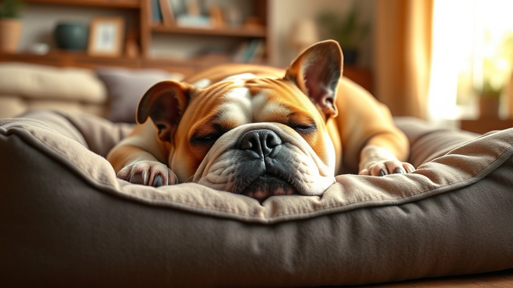 Bulldog napping on comfortable orthopedic dog bed, flat face visible, cozy home interior background, warm natural lighting