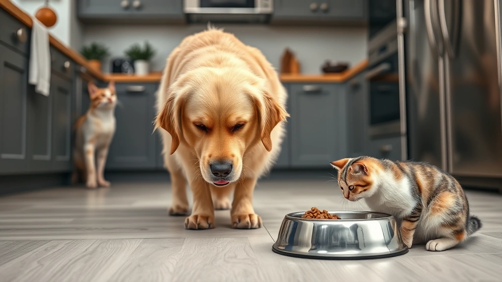 A curious golden retriever sniffing toward a cat's food bowl in a modern kitchen, cat watching from nearby, photorealistic style