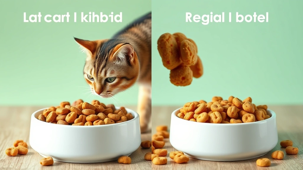 Split-screen comparison showing a bowl of protein-rich cat kibble on one side and regular dog kibble on the other, photorealistic style