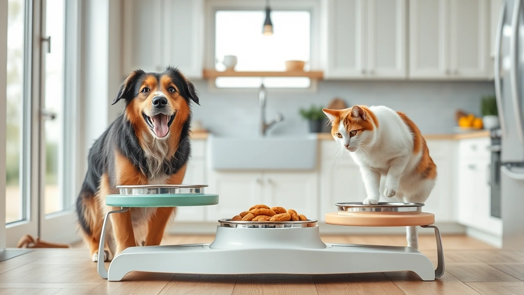 A happy dog and cat eating from separate elevated feeders in different corners of a bright kitchen, peaceful multi-pet feeding setup, photorealistic style