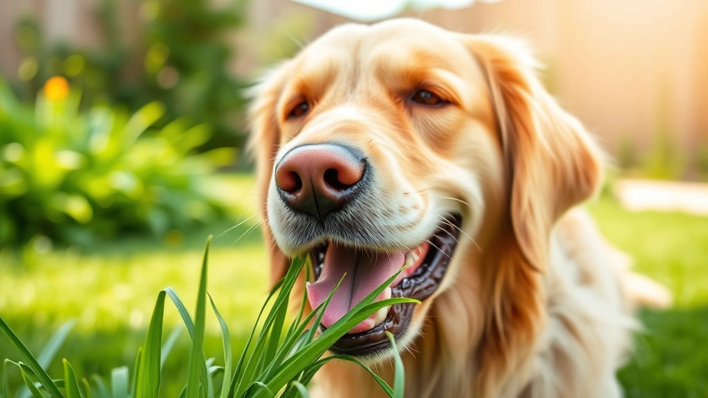 A golden retriever happily chewing on fresh green grass in a sunny backyard, close-up of mouth and grass, natural daylight, peaceful expression