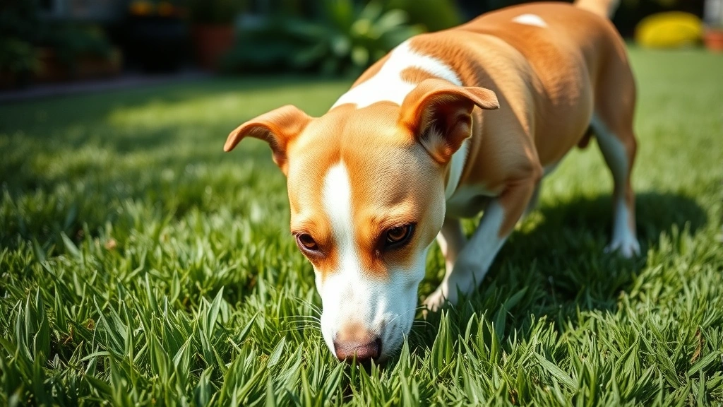A curious brown and white dog sniffing and investigating a lush green lawn with shallow depth of field, outdoor garden setting, bright daylight