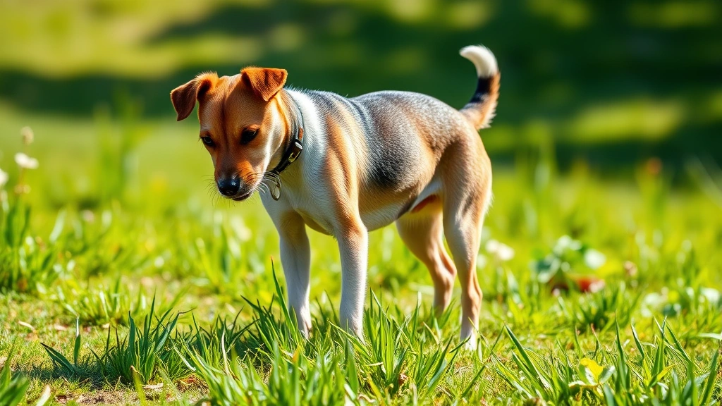 A small terrier mix eating grass while standing in a grassy field, full body shot showing natural grazing behavior, green landscape background, sunny day