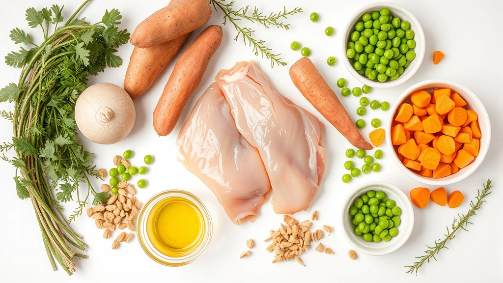 Overhead flat lay of dog food ingredients including raw chicken breast, sweet potatoes, peas, and fish oil, organized on white surface