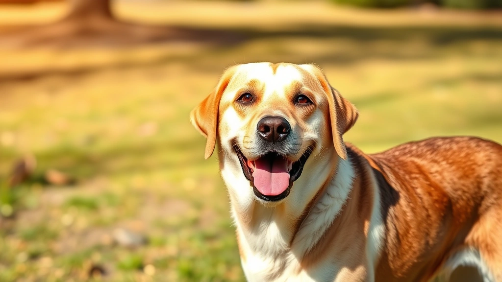 Happy Labrador retriever with glossy coat standing in sunlight, outdoor setting, showing healthy fur quality