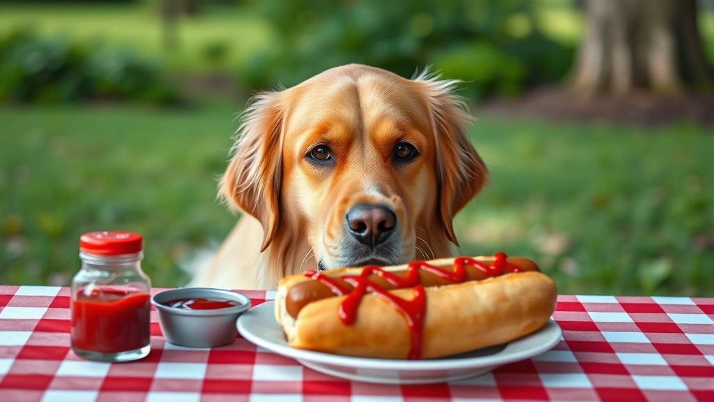 Golden retriever with sad eyes looking at a plate with hot dog and ketchup on a picnic table, photorealistic dog portrait