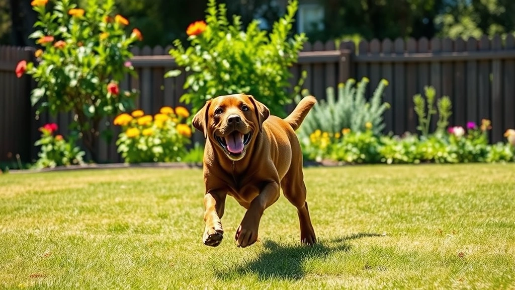 Happy Labrador dog playing fetch in a sunny backyard with garden and fence in background, photorealistic outdoor scene