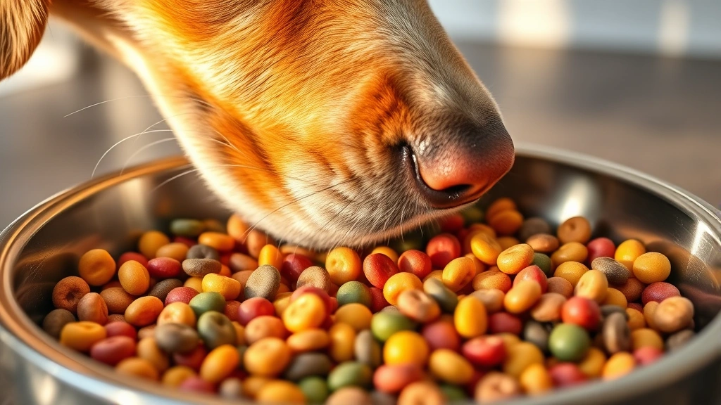 Close-up of colorful kibble pieces in a stainless steel dog bowl, with a golden retriever's nose approaching the bowl from the side, morning sunlight reflecting off the kibble