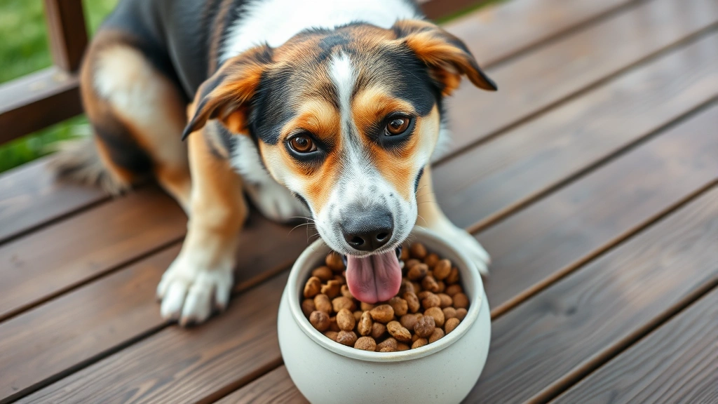 Happy medium-sized mixed breed dog eating from a ceramic food bowl filled with kibble, sitting outdoors on a wooden deck with green grass in the background
