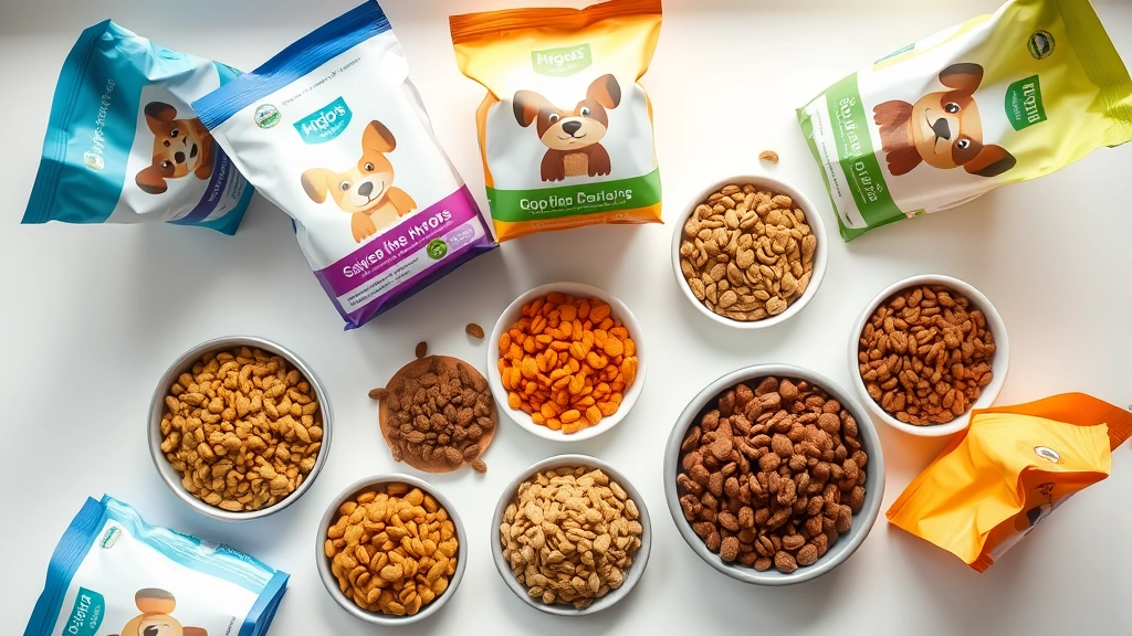 Overhead view of various dog food bags and bowls with different kibble types displayed, clean bright setting, photorealistic style