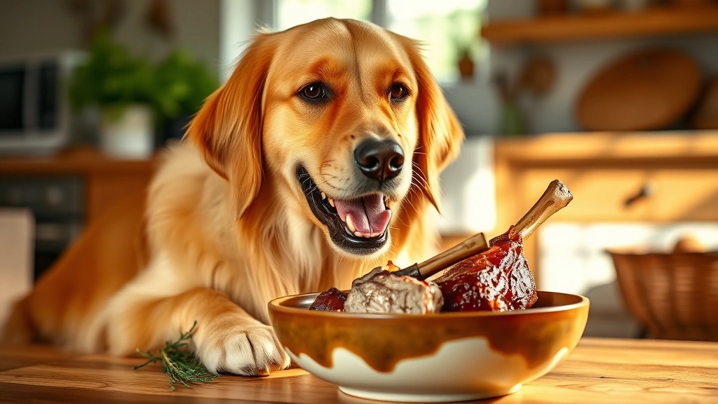 A golden retriever happily eating fresh cooked lamb from a ceramic bowl, sunlit kitchen background, warm tones